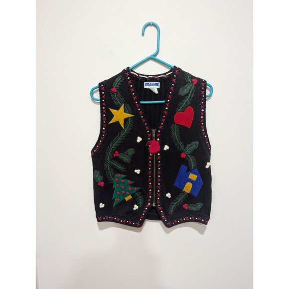 Vintage Bryn Connely Christmas Sweater Vest Petite Size P Holiday Full Zip - Picture 1 of 9